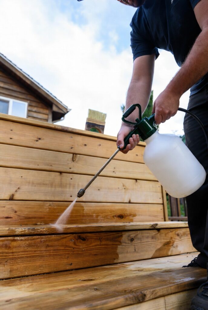 spraying conditioner on wood deck