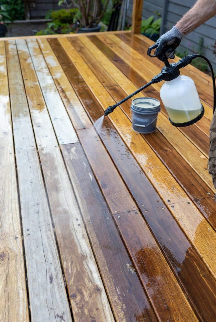 Applying eco-friendly powder wood cleaner to Ipe deck with garden sprayer – safe, low-pressure method for grey removal